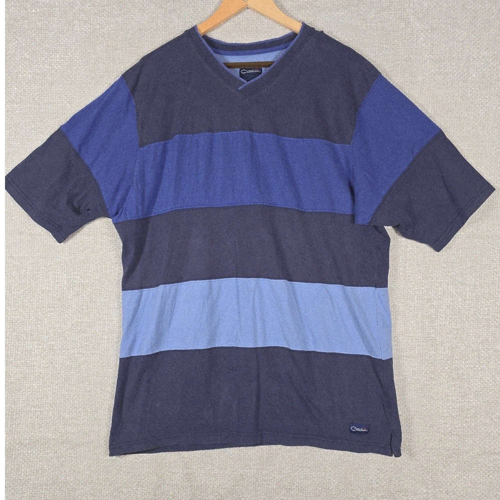 Catalina Mens XL Blue Striped Shirt Vintage Y2K V-Neck 100% Cotton Boxy Tee